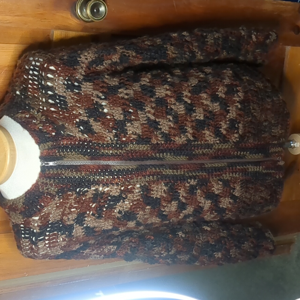 handmade CROCHET long sleeve zip front cardigan sweater, warm and cuddly sz L/XL